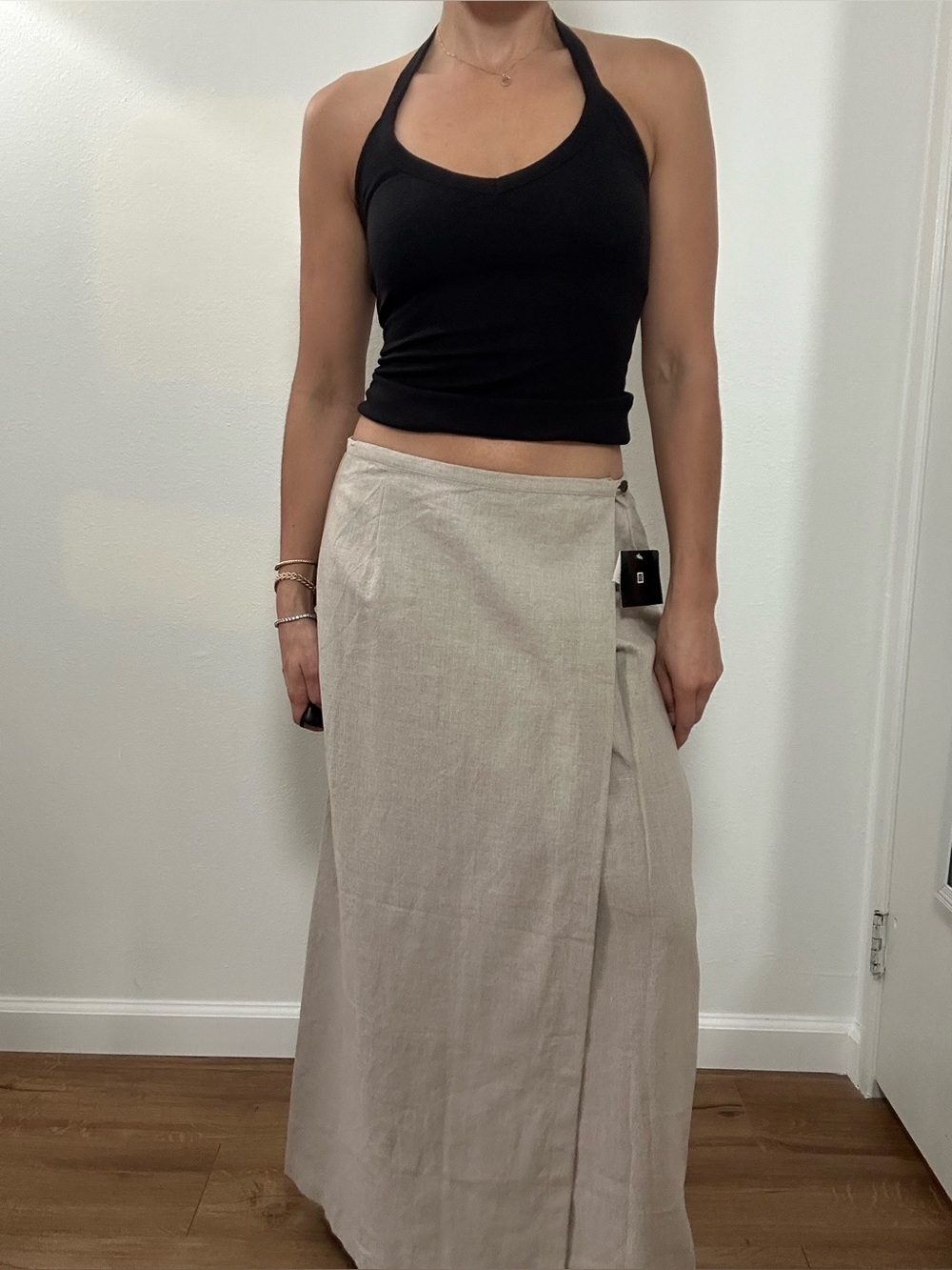 Vintage 90's Valerie Stevens Taupe Beige Wrap Skirt 100% Linen Maxi in Size M